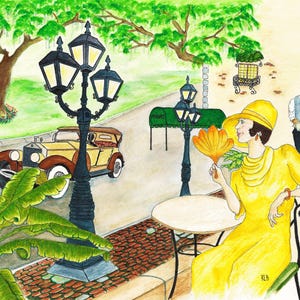 May include: Watercolor painting of a woman in a yellow dress and hat, holding a fan, seated at a cafe table. A waiter approaches with a tray. A vintage car and street lamps are in the background, with lush greenery and a brick-paved sidewalk.