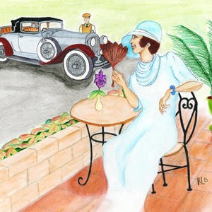 K&ouml;nnte beinhalten: Aquarellmalerei einer Frau in hellblauem Kleid und Hut, die an einem Tisch mit einem F&auml;cher sitzt. Ein Oldtimer und ein Mann in gelber Weste sind im Hintergrund. Ein Blumentopf und eine Blumenvase sind ebenfalls vorhanden.
