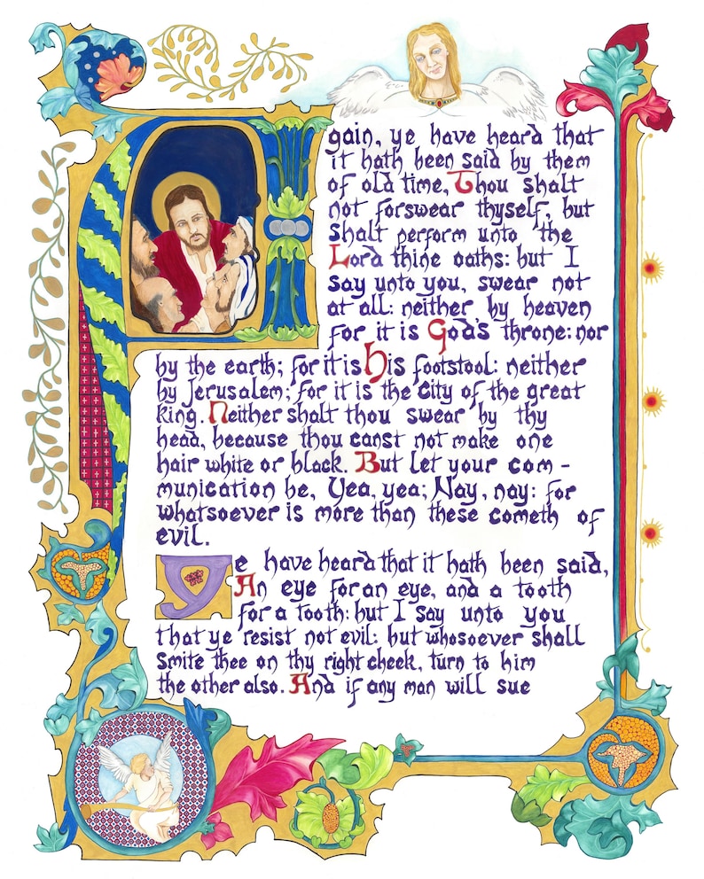 Puede incluir: Una p&aacute;gina de manuscrito iluminado con bordes ornamentados en oro, azul y rojo. El texto central est&aacute; en escritura negra, con una representaci&oacute;n de Jes&uacute;s y figuras. Los elementos decorativos incluyen &aacute;ngeles y motivos florales.