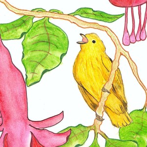 May include: A watercolor illustration of a yellow bird perched on a brown branch, singing with its beak open. Green leaves and pink flowers are also visible. The artwork has a whimsical, nature-inspired theme.