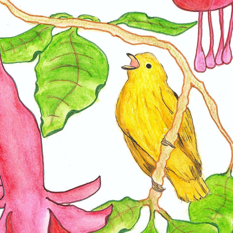 May include: A watercolor illustration of a yellow bird perched on a brown branch, singing with its beak open. Green leaves and pink flowers are also visible. The artwork has a whimsical, nature-inspired theme.