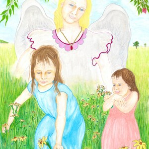 GUARDIAN ANGEL Watching Over SISTERS - Watercolor Art Print/Giclée Reproduction - Wall Art Bild 1
