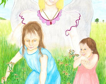 GUARDIAN ANGEL Watching Over SISTERS - Watercolor Art Print/Giclée Reproduction - Wall Art