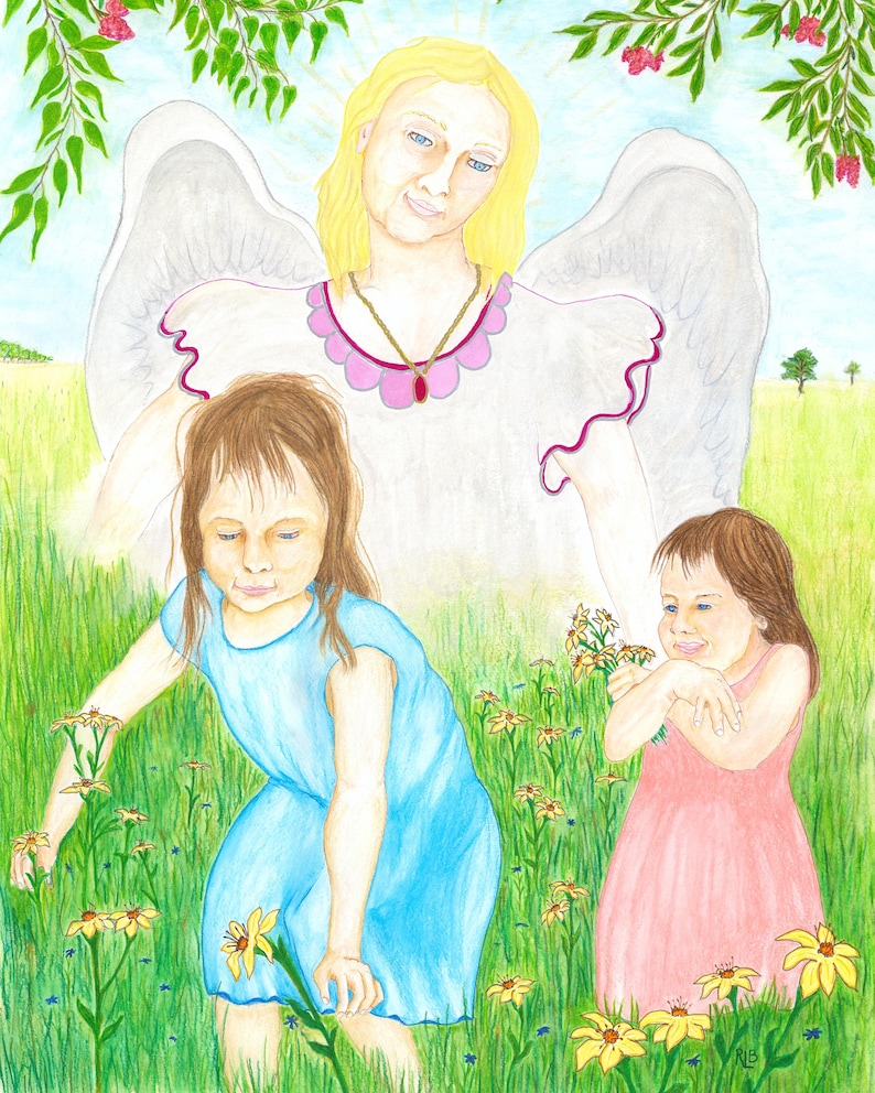 GUARDIAN ANGEL Watching Over SISTERS - Watercolor Art Print/Giclée Reproduction - Wall Art Bild 1