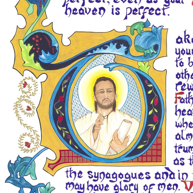 May include: An illuminated manuscript page featuring a portrait of a man with a halo, holding a scroll. The portrait is set within a large, ornate letter "O" with blue, gold, and red decorative elements. Text surrounds the image.