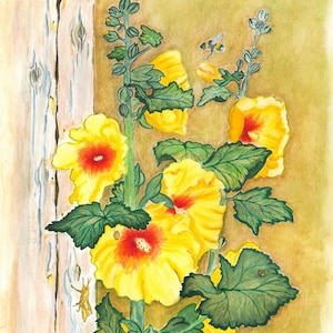 May include: A watercolour painting depicting tall yellow hollyhock flowers with deep orange centres, green leaves, and a sturdy stem. A small bumblebee flies near the top blooms, while a grasshopper clings to a weathered wooden fence post on the left.