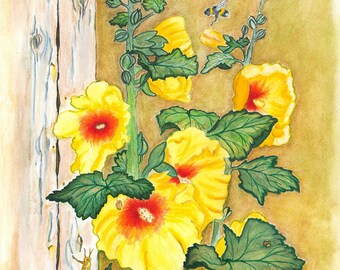 YELLOW HOLLYHOCK- Watercolor Art Print/Giclée Reproduction - Wall Art