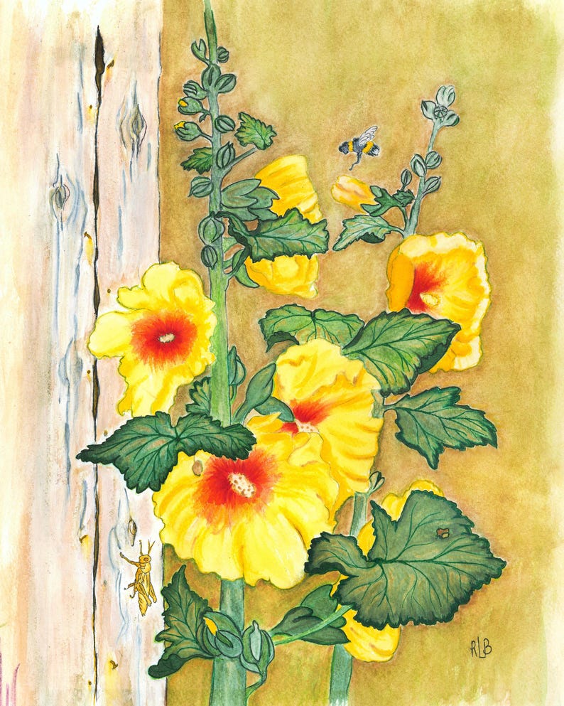 May include: A watercolour painting depicting tall yellow hollyhock flowers with deep orange centres, green leaves, and a sturdy stem. A small bumblebee flies near the top blooms, while a grasshopper clings to a weathered wooden fence post on the left.