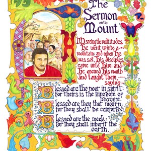 May include: A colorful, illustrated artwork titled "The Sermon on the Mount." The image features ornate floral borders, text, and a central illustration of a man speaking to a group. The text includes biblical verses.