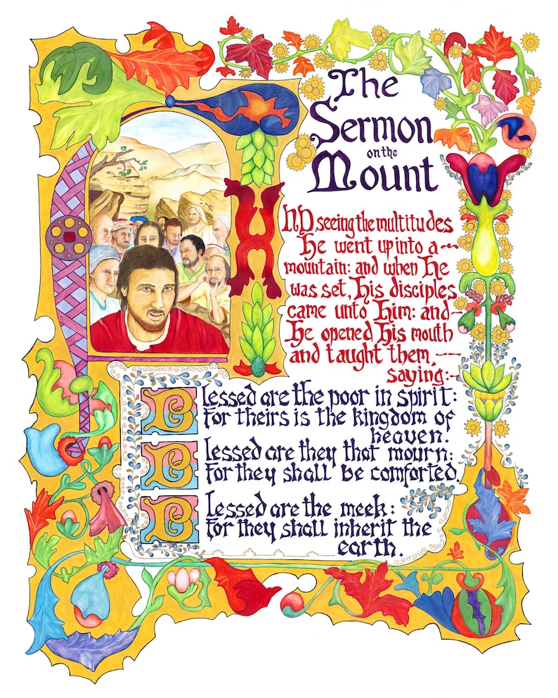 May include: A colorful, illustrated artwork titled "The Sermon on the Mount." The image features ornate floral borders, text, and a central illustration of a man speaking to a group. The text includes biblical verses.