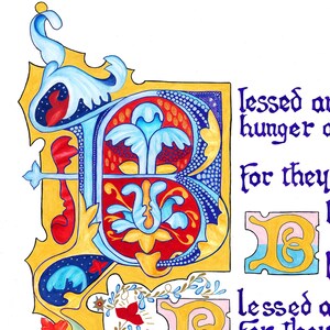 May include: An illuminated manuscript page featuring a large, ornate letter "B" in blue, red, and gold. The letter is surrounded by intricate floral and scrollwork designs. Text in a gothic script is visible to the right.
