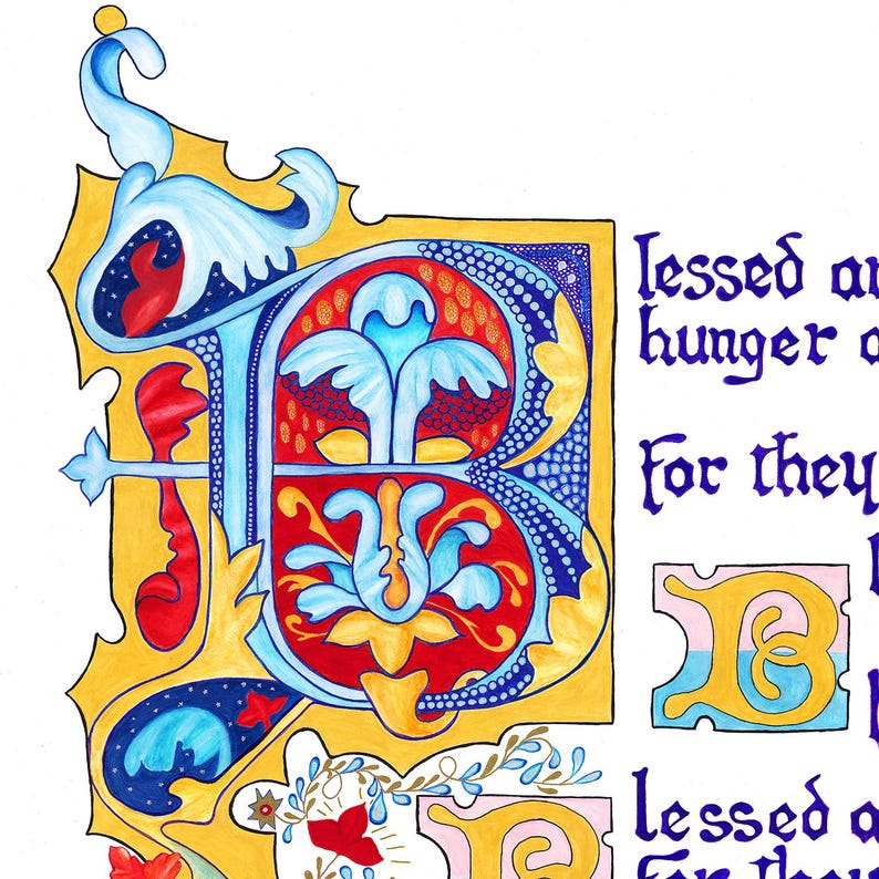 May include: An illuminated manuscript page featuring a large, ornate letter "B" in blue, red, and gold. The letter is surrounded by intricate floral and scrollwork designs. Text in a gothic script is visible to the right.