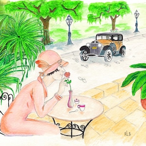 May include: Watercolor painting of a woman in a pink dress and hat smelling a rose at a cafe table. A vintage car is parked on the street in the background. Palm trees and a green park scene complete the artwork.