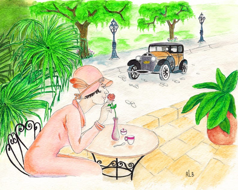 May include: Watercolor painting of a woman in a pink dress and hat smelling a rose at a cafe table. A vintage car is parked on the street in the background. Palm trees and a green park scene complete the artwork.