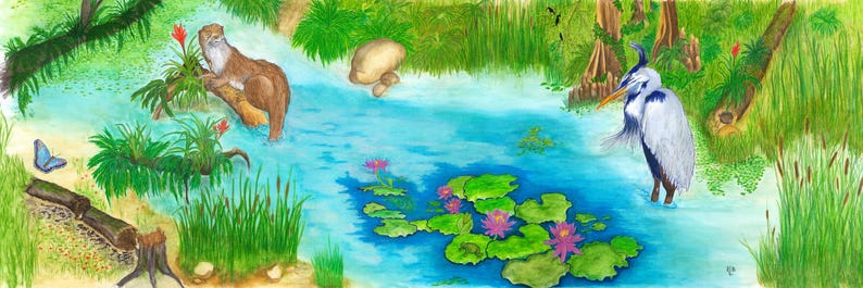 May include: A detailed landscape painting of a vibrant wetland scene featuring a brown otter perched on a log, a blue butterfly, a tall grey heron standing in the water, and a cluster of bright pink water lilies floating among green lily pads.