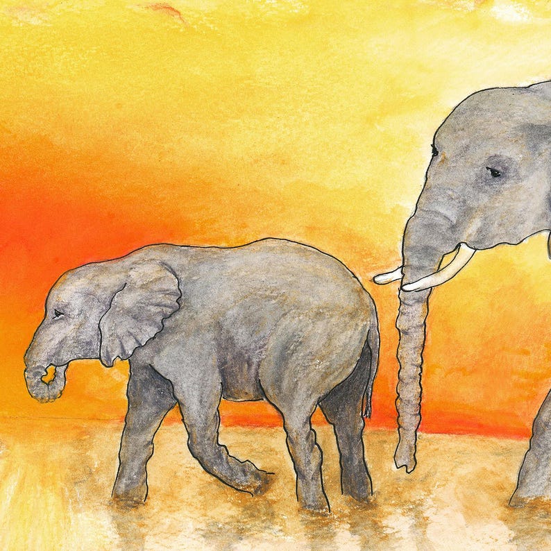 May include: A watercolor painting depicting a large gray elephant walking alongside a smaller gray elephant calf. Both animals are rendered in shades of gray against a vibrant, warm background of blended yellow and orange hues representing a sunset.