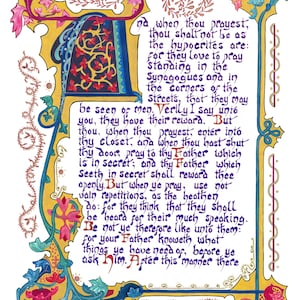 May include: An illuminated manuscript page with ornate borders in gold, blue, and red. The text, in a calligraphic style, is in dark blue ink. Floral and foliate motifs decorate the borders and initial letter.