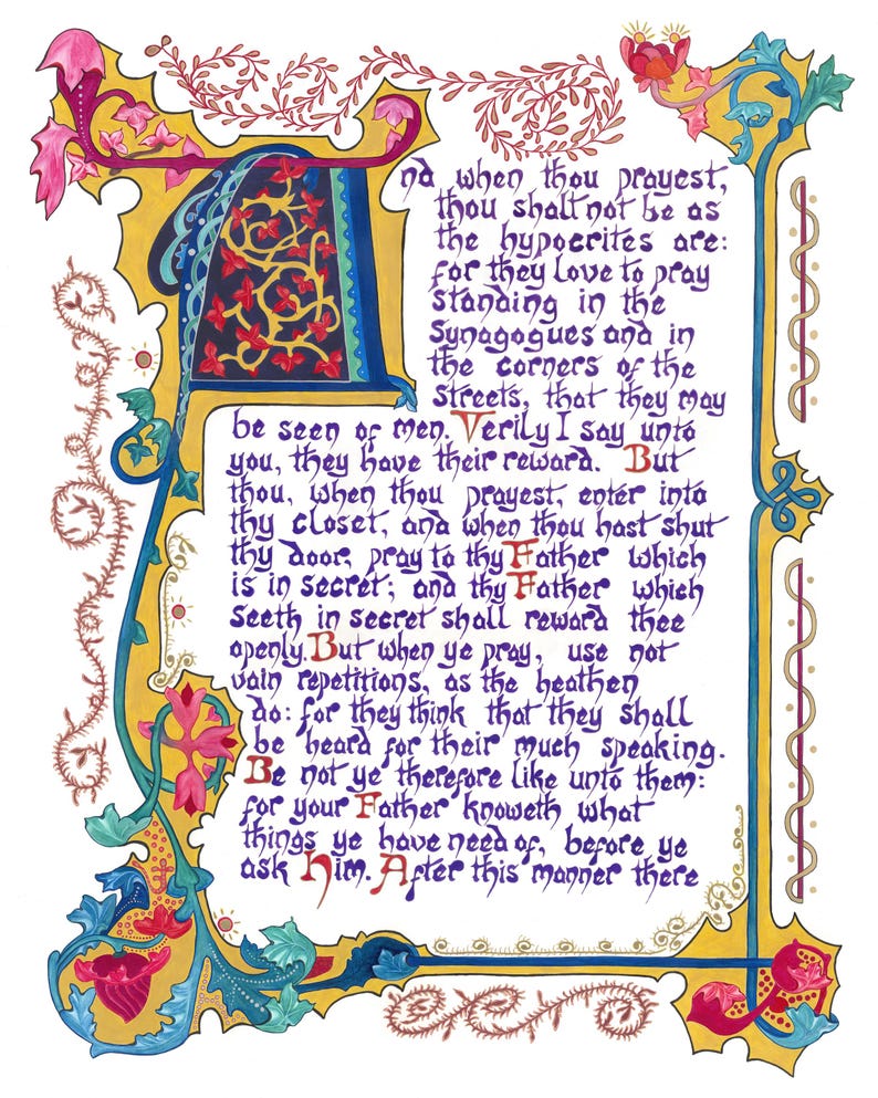 May include: An illuminated manuscript page with ornate borders in gold, blue, and red. The text, in a calligraphic style, is in dark blue ink. Floral and foliate motifs decorate the borders and initial letter.