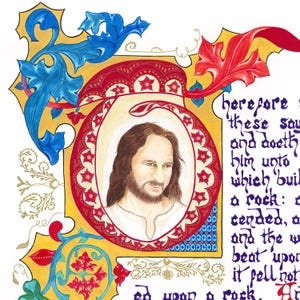 May include: An illuminated manuscript page featuring a portrait of a man with long brown hair and a beard, surrounded by ornate red and gold borders. The page includes handwritten text in blue ink and decorative floral elements.