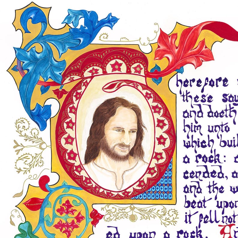 May include: An illuminated manuscript page featuring a portrait of a man with long brown hair and a beard, surrounded by ornate red and gold borders. The page includes handwritten text in blue ink and decorative floral elements.