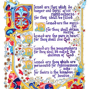 May include: An illuminated manuscript page with ornate calligraphy. The text, in dark blue, is framed by a yellow border with floral and foliate designs. Large, decorated initial letters in blue, red, and yellow begin each paragraph.