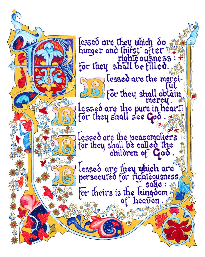 May include: An illuminated manuscript page with ornate calligraphy. The text, in dark blue, is framed by a yellow border with floral and foliate designs. Large, decorated initial letters in blue, red, and yellow begin each paragraph.