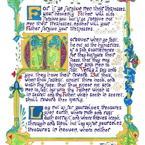 May include: A hand-painted illuminated manuscript page with ornate borders and calligraphy. The text, in a stylized script, is framed by green, blue, and red floral and foliate designs. The page features a large initial "F" and "L".