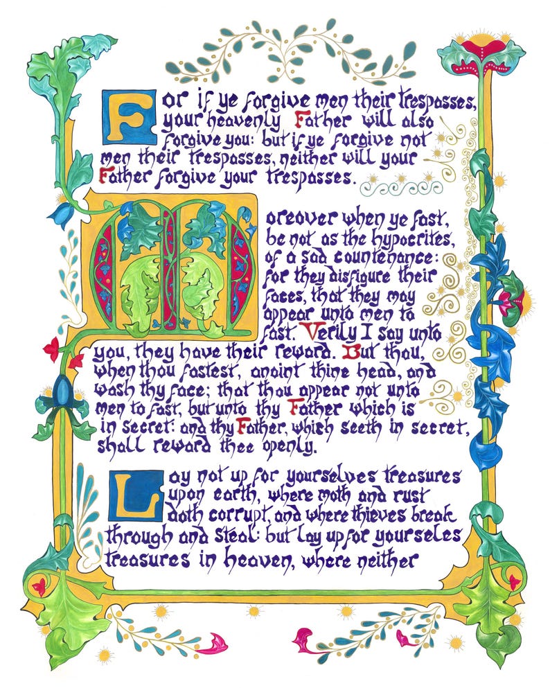 May include: A hand-painted illuminated manuscript page with ornate borders and calligraphy. The text, in a stylized script, is framed by green, blue, and red floral and foliate designs. The page features a large initial "F" and "L".