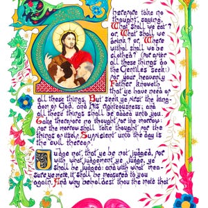 May include: An illuminated manuscript page with vibrant colors. The central image depicts a figure in red robes with a halo, surrounded by others. Text in elegant calligraphy fills the page, framed by ornate floral and foliate borders.