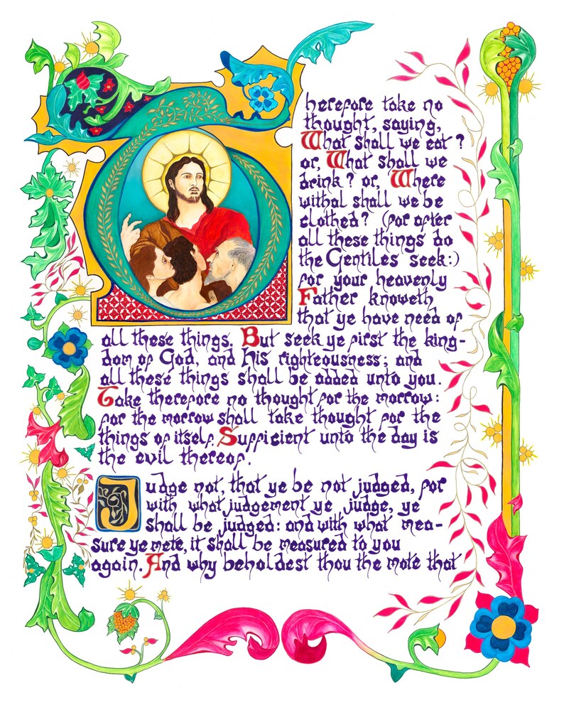 May include: An illuminated manuscript page with vibrant colors. The central image depicts a figure in red robes with a halo, surrounded by others. Text in elegant calligraphy fills the page, framed by ornate floral and foliate borders.