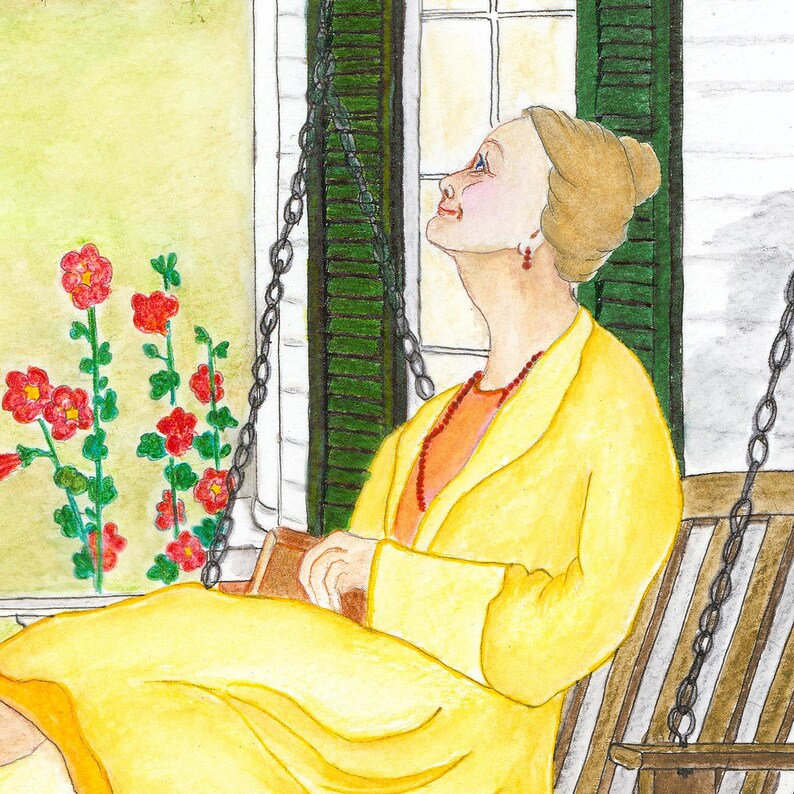 May include: Watercolor painting of a person in a yellow coat and orange top, seated on a wooden swing. The person is looking up, with a red beaded necklace and earrings. Red flowers bloom near a green shuttered window.