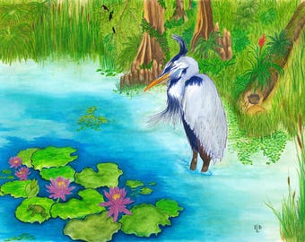 BLUE HERON WETLAND- Watercolor Art Print/Giclée Reproduction - Wall Art