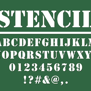 May include: White stencil font alphabet with uppercase letters, numbers, and punctuation marks on a green background. The word "STENCIL" is at the top of the image.