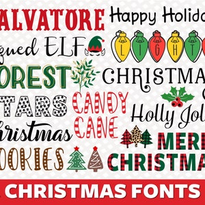 Könnte beinhalten: Eine Sammlung von Weihnachts-Schriftarten in verschiedenen Stilen und Farben, darunter Rot, Grün, Schwarz, Weiß und Gold. Die Schriftarten sind in einer festlichen Anordnung mit weihnachtlichen Wörtern wie "Frohe Weihnachten", "Wald", "Sterne", "Zuckerstange", "Weihnachtsgrüße", "Frohe Weihnachten" und "Weihnachtsschriften" dargestellt.