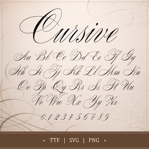 May include: A cursive font sample with the word "Cursive" at the top, followed by the alphabet in uppercase and lowercase, and numbers 0-9. The font is in black on a beige background with decorative swirls.