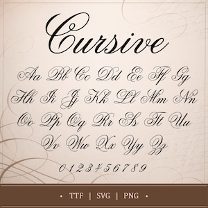 May include: A complete cursive alphabet and numerals 0-9 in a black, elegant font. The word "Cursive" is at the top. The letters are displayed on a beige background with decorative swirls. The bottom of the image shows the file types: TTF, SVG, and PNG.