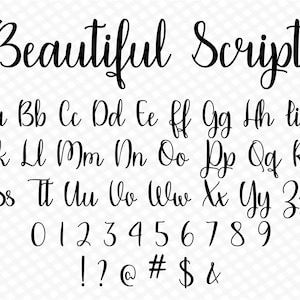 Può includere: Un grafico di alfabeto di font con la parola "Beautiful Script" in alto. Il grafico include lettere maiuscole e minuscole, numeri e segni di punteggiatura.