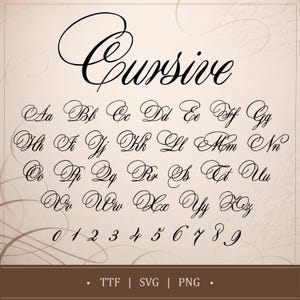 May include: A beige background featuring the word "Cursive" in black script. The full alphabet and numbers 0-9 are displayed in the same cursive font below. The bottom of the image shows "TTF | SVG | PNG".