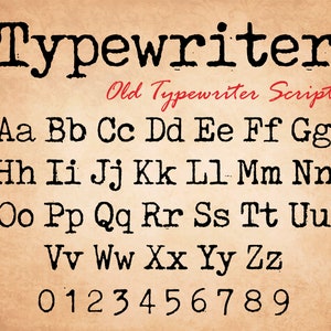 May include: A vintage typewriter font alphabet with uppercase letters, lowercase letters, and numbers. The font is black and the background is a light brown.