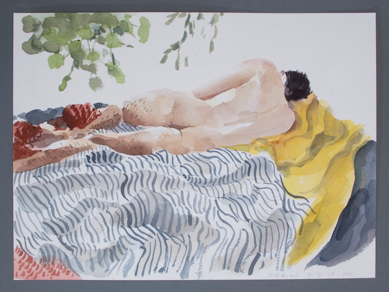 fabian lying in the sunny studio, watercolour 