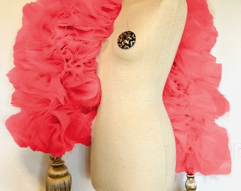 Coral fluffy tulle boa with tassels vegan cabaret showgirl costume, burlesque