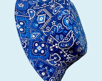 Paisley Print Blue Bandana Bucket Hat, Beach Sun Hat, Retro 90s Vibes Outfit Idea