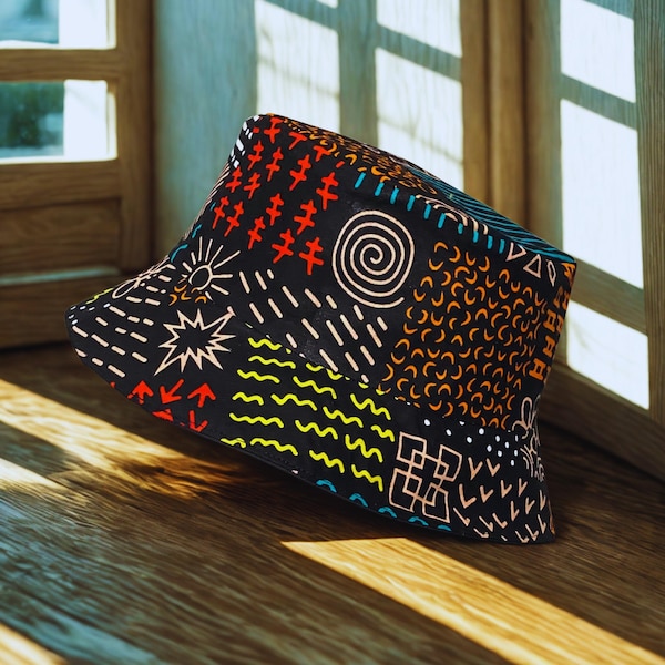 Tribal Print Bucket Hat: Reversible Polycotton 90s Style