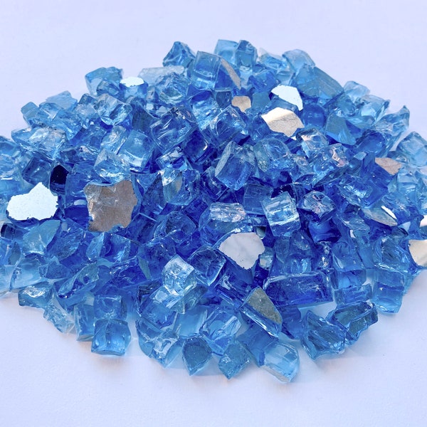 Fire Pit Glass • 1/2" Reflective Tempered Fire Glass • Baby Blue • Crafts, Propane Fire Pit, Fireplace, Crushed Fireglass