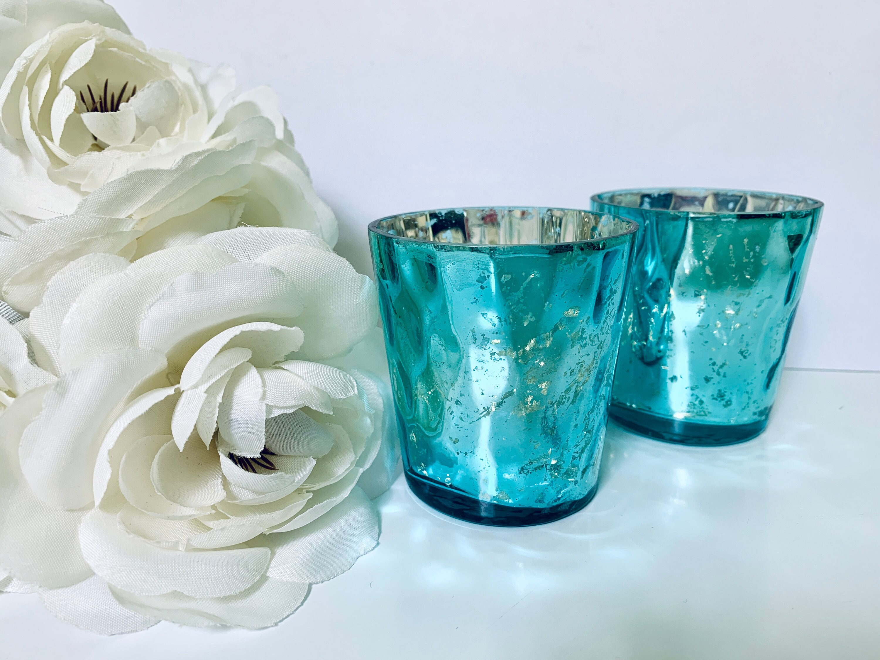 Turquoise Teal Blue Mercury Glass Votive Candle Holder Etsy