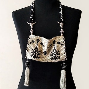 Unique Tribal Bib Necklace, Silver Black Beadwork Statement Piece