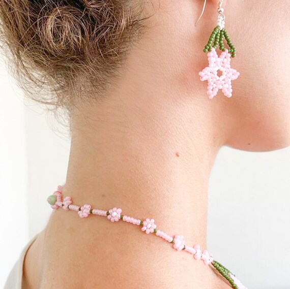Earrings Flower Dangle Pink Earrings Dangle Beaded Flower
