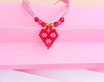 Beaded Macrame Bracelet,  Bracelet with Heart, Adjustble Handmade Bracelet , Red Heart Bracelet, Love Bracelet, Delicate Bracelet,