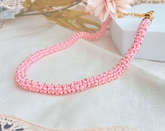 Pink Handwoven Necklace, Elegant Rose Necklace, Handbeaded Rope Necklace, Herringbone Necklace, Chic Necklace, Gifts for Wife, Beaded Jewel