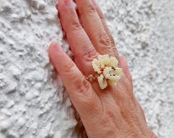 Rose Floral Ring, Pale Yellow Flower Ring, Unique Womens Ring, Dainty Ring, Cute Ring, Statement Ring, Romantic Jewelry, Shabby Chic